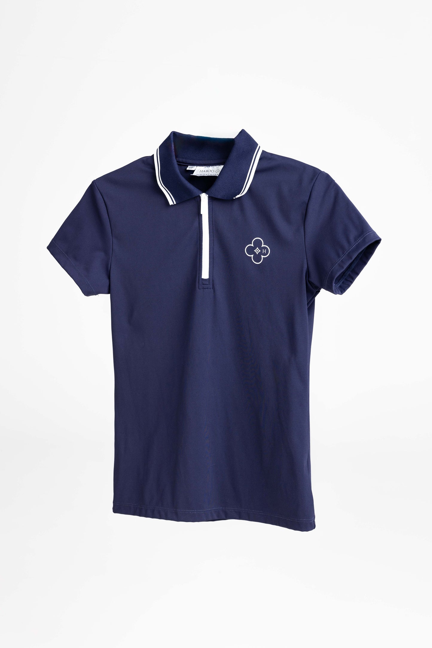 Navy blue equestrian polo shirt with moisture-wicking fabric for riders