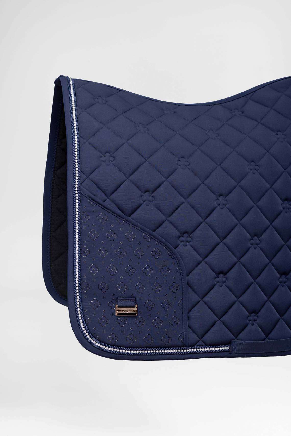 Classic navy riding saddle pad with innovative zipper pocket and bling