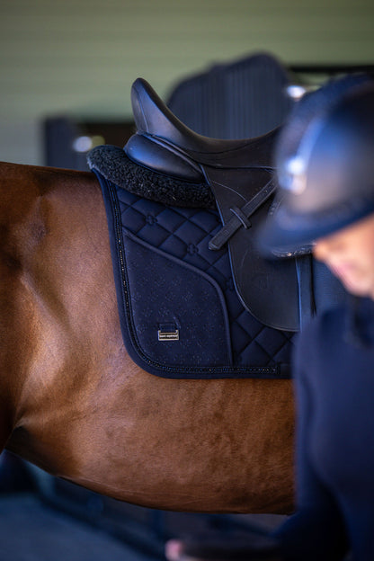 black saddle pad on a horse with a blurred background